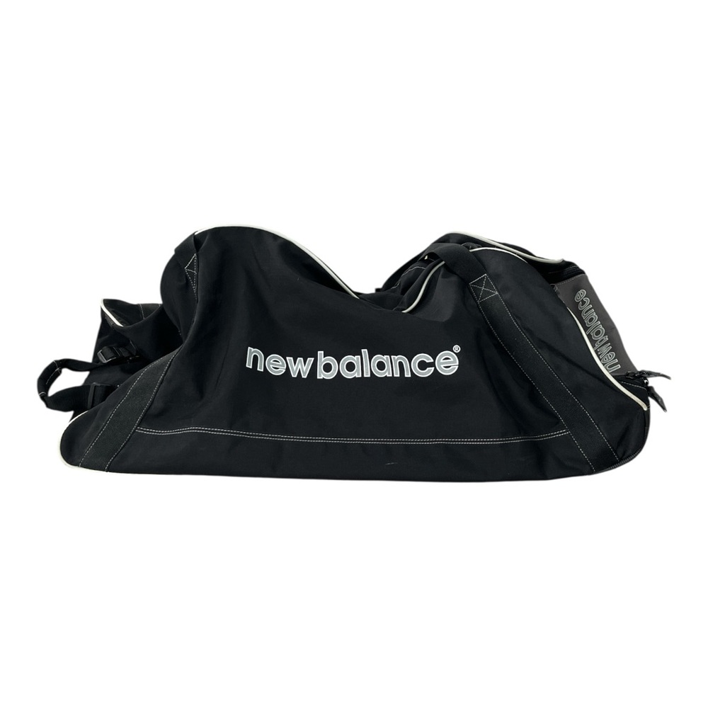 New Balance 30" Rolling Duffel Bag – Black with White Trim, 3 Mesh Pockets, Side